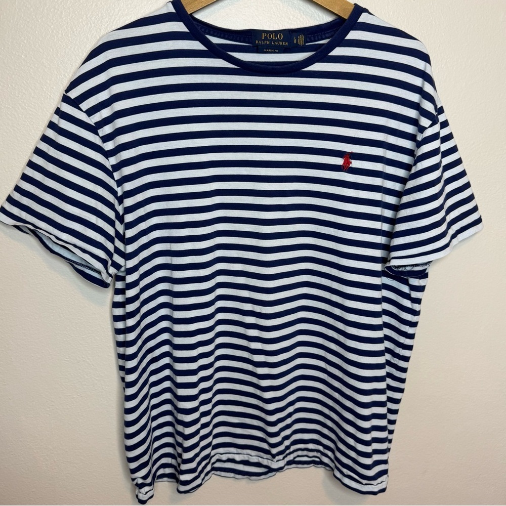 Ralph Lauren Men’s Blue Striped Short Sleeve Crewneck T Shirt Y2K Logo Cotton